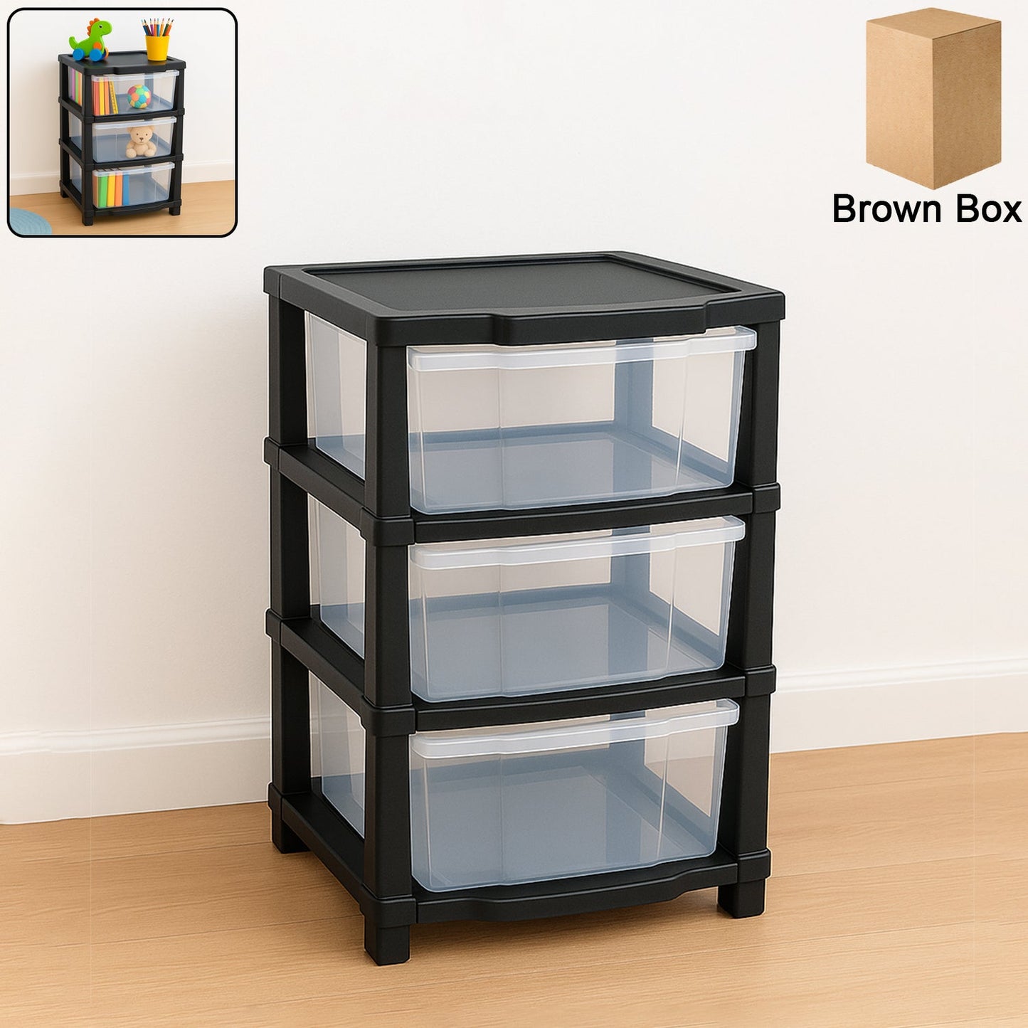 3-layer transparent drawer organizer with smooth pull-out drawers showing front view