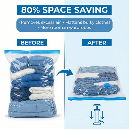 Vacuum storage bags with suction pump and shirt clips laid out showing 5 pcs set