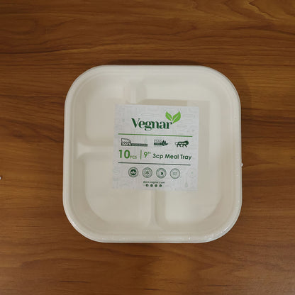 Live use of sturdy compostable bagasse plate with separate meal compartments