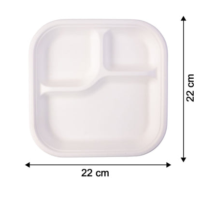 Dimension display for 22 cm by 22 cm square compostable bagasse compartment plate