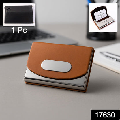 Business card holder with secure magnetic flap closure in brown leather