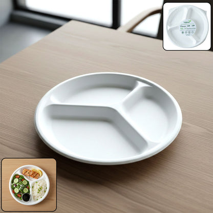 Compostable 10 inch 3-compartment round bagasse plate with sections for meal