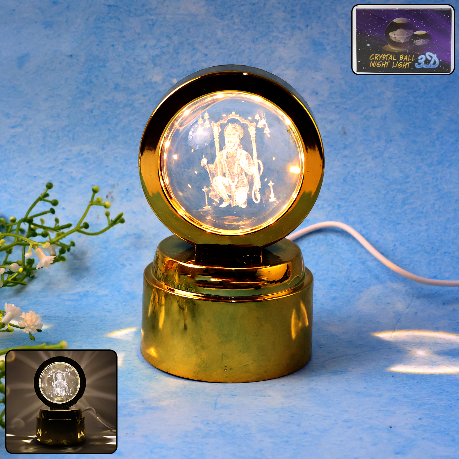 Bajrang Bali 3D crystal ball night light featuring soft LED illumination