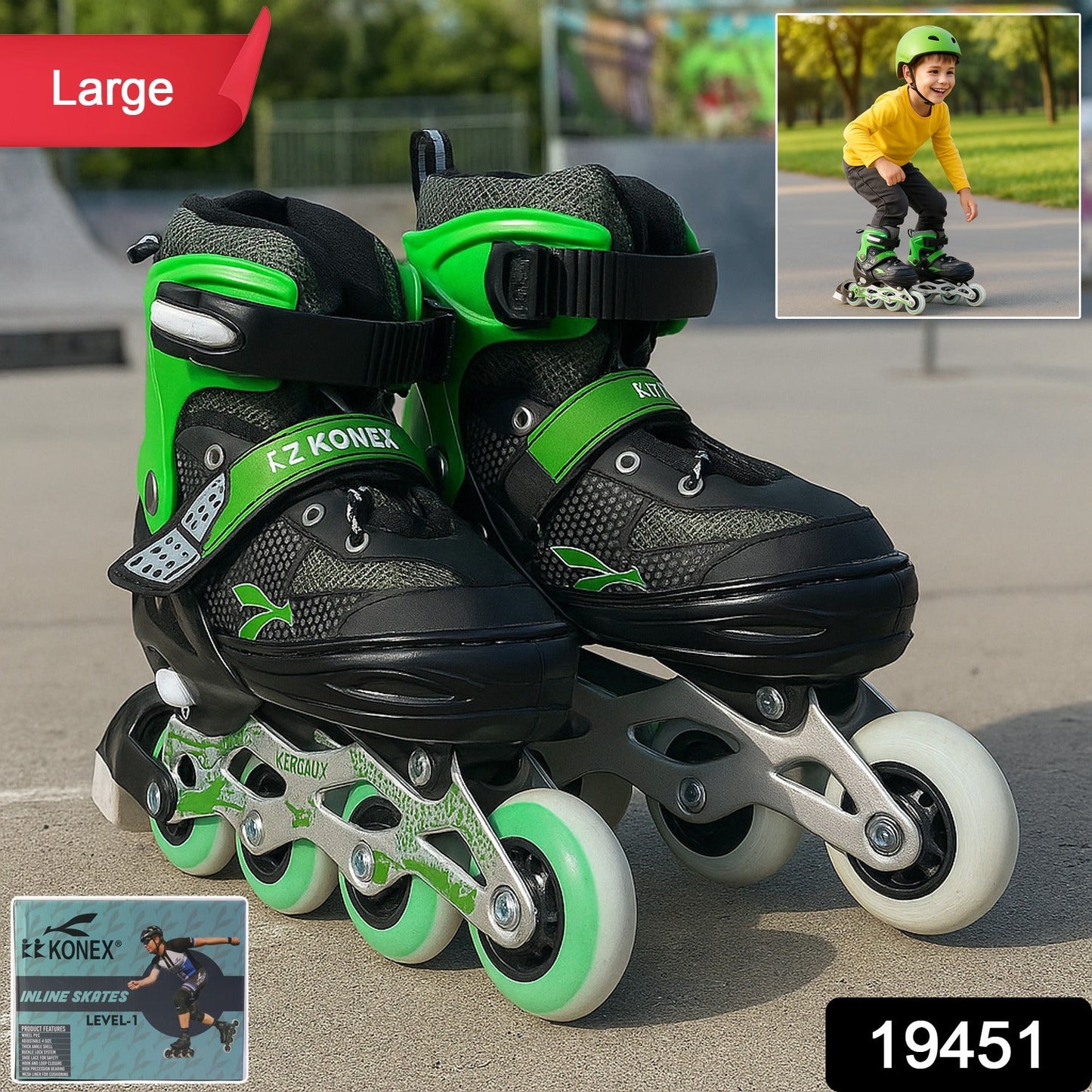 Close-up of adjustable inline skating shoes with safety straps and PU wheels