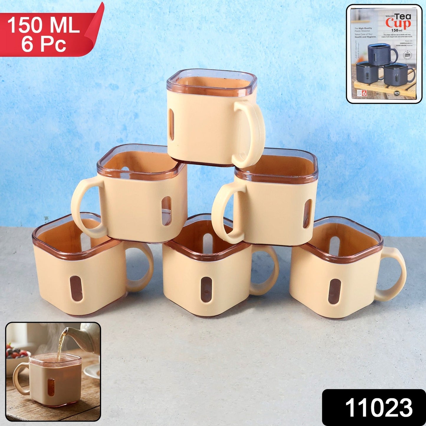Six square tea cups arranged neatly on a table