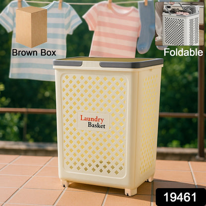 Foldable laundry basket with wheels placed in bedroom setting