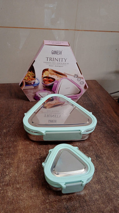 Ganesh Trinity lunch box set packaging showing compact triangle design