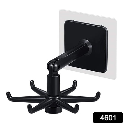 Self-adhesive rotatable hooks holding various items neatly in a closet