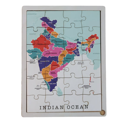 Angled view of the brightly colored wooden India map puzzle for young learners.