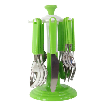 Rotating stand holding organized stainless steel cutlery set