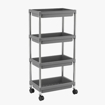 Stainless steel framed multi-tier rolling cart with plastic shelves