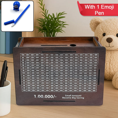 Wooden piggy bank with savings goal of 1,00,000 Rupees and included Emoji Pan