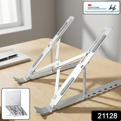 Aluminium adjustable laptop stand supporting laptop on table