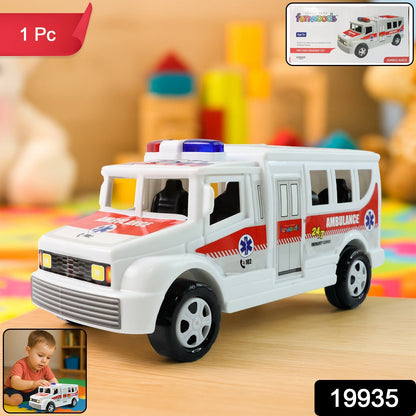 Close-up showing smooth wheels of friction powered ambulance toy