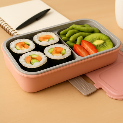 Open BPA-Free lunch box displaying two food compartments and cutlery slot