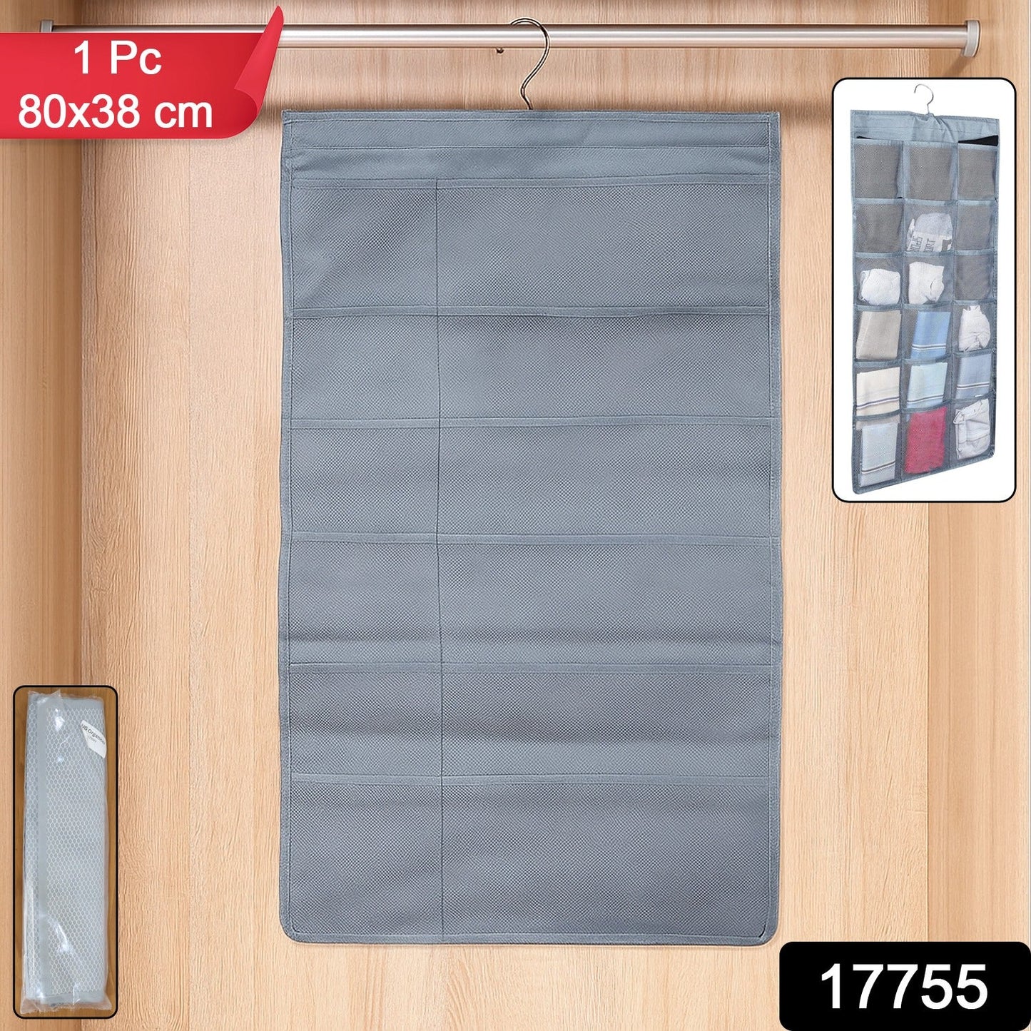 Open multi-pocket hanging under garment organizer inside a closet