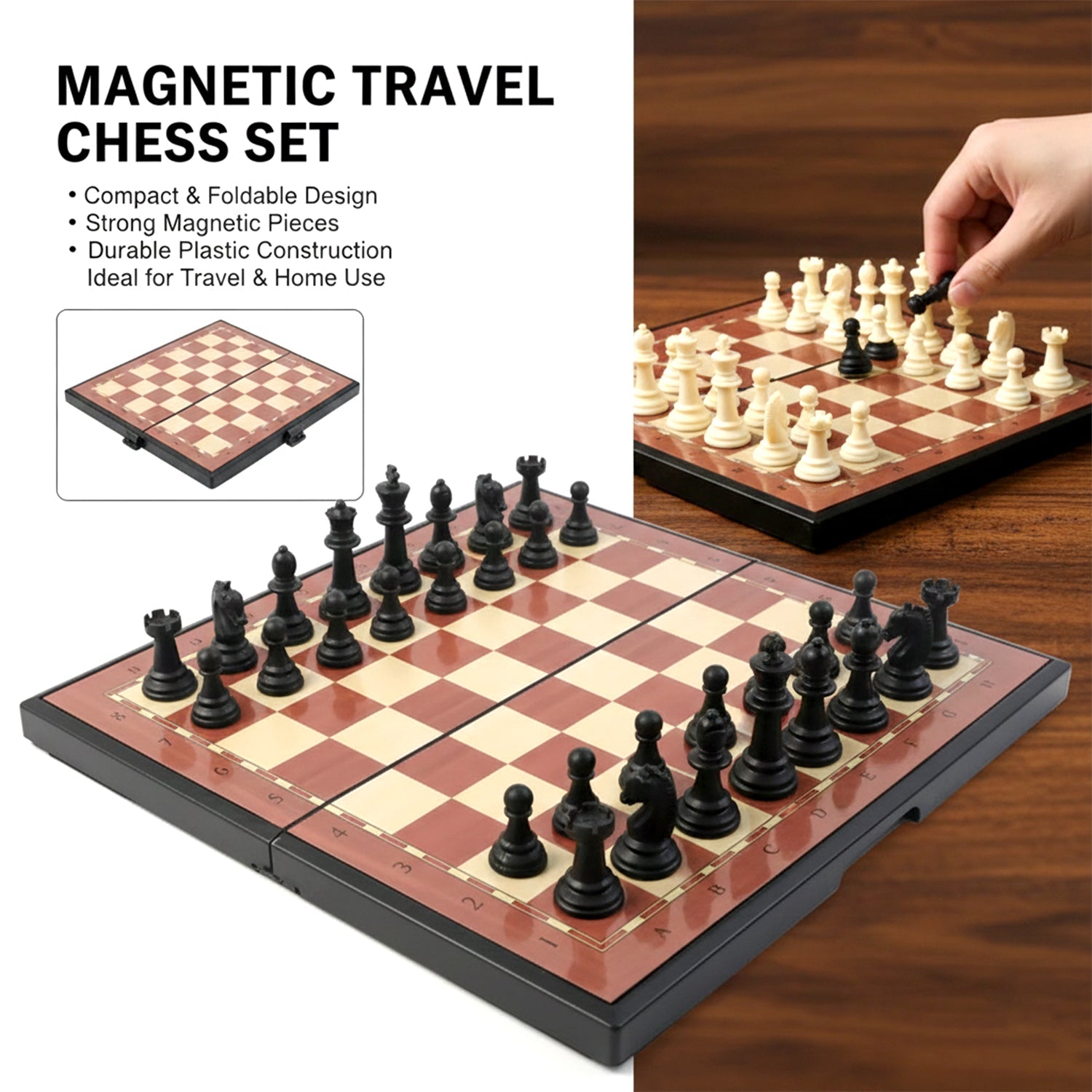 Compact foldable chess board game rolled out for play