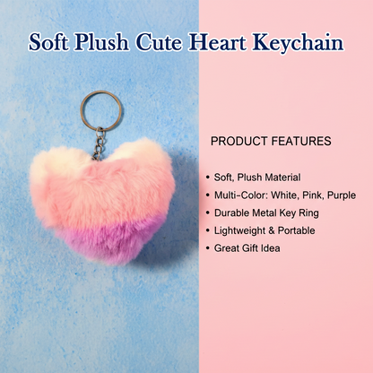 Front view of soft plush heart keychain in pink and purple