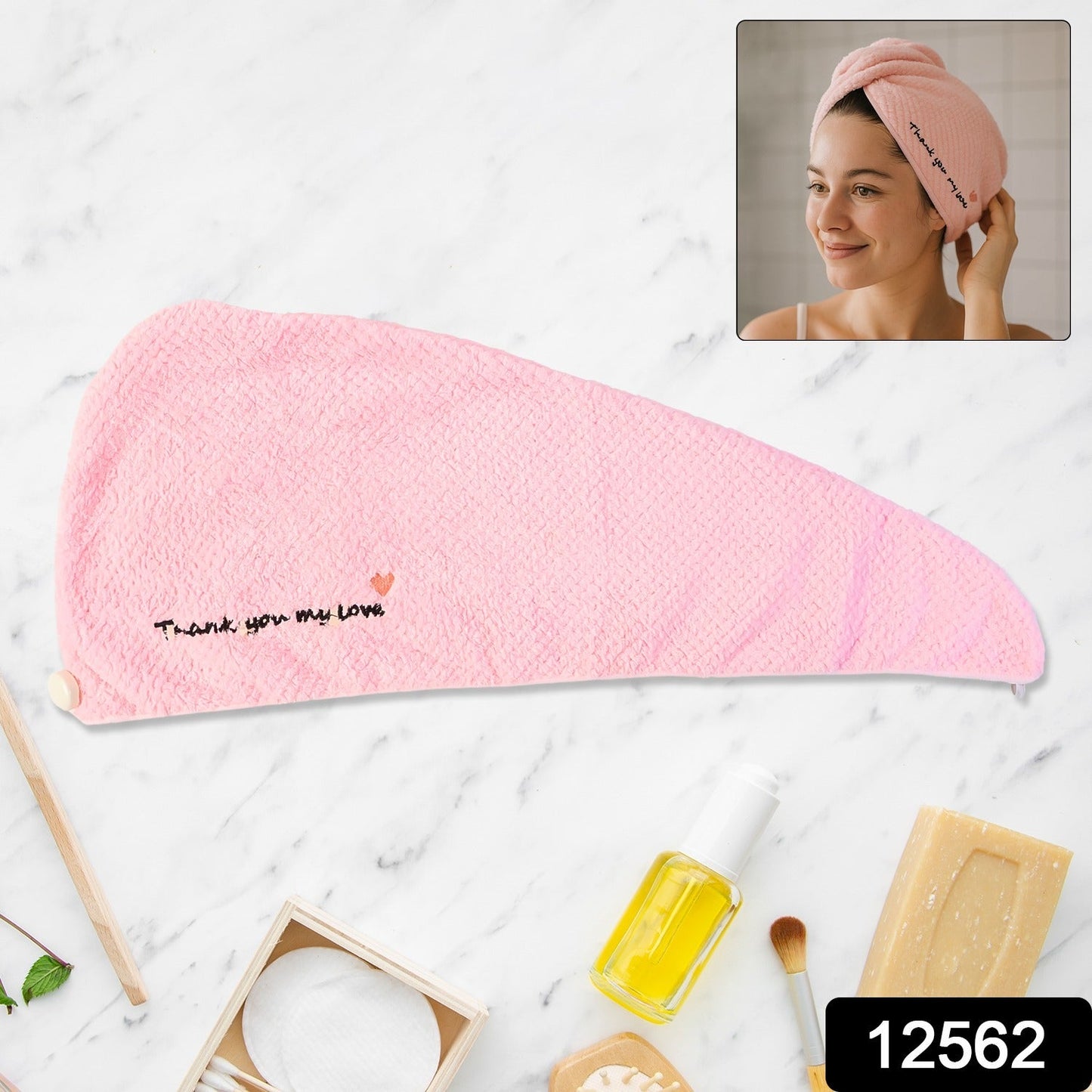 Lightweight microfiber towel wrap securing hair with button closure