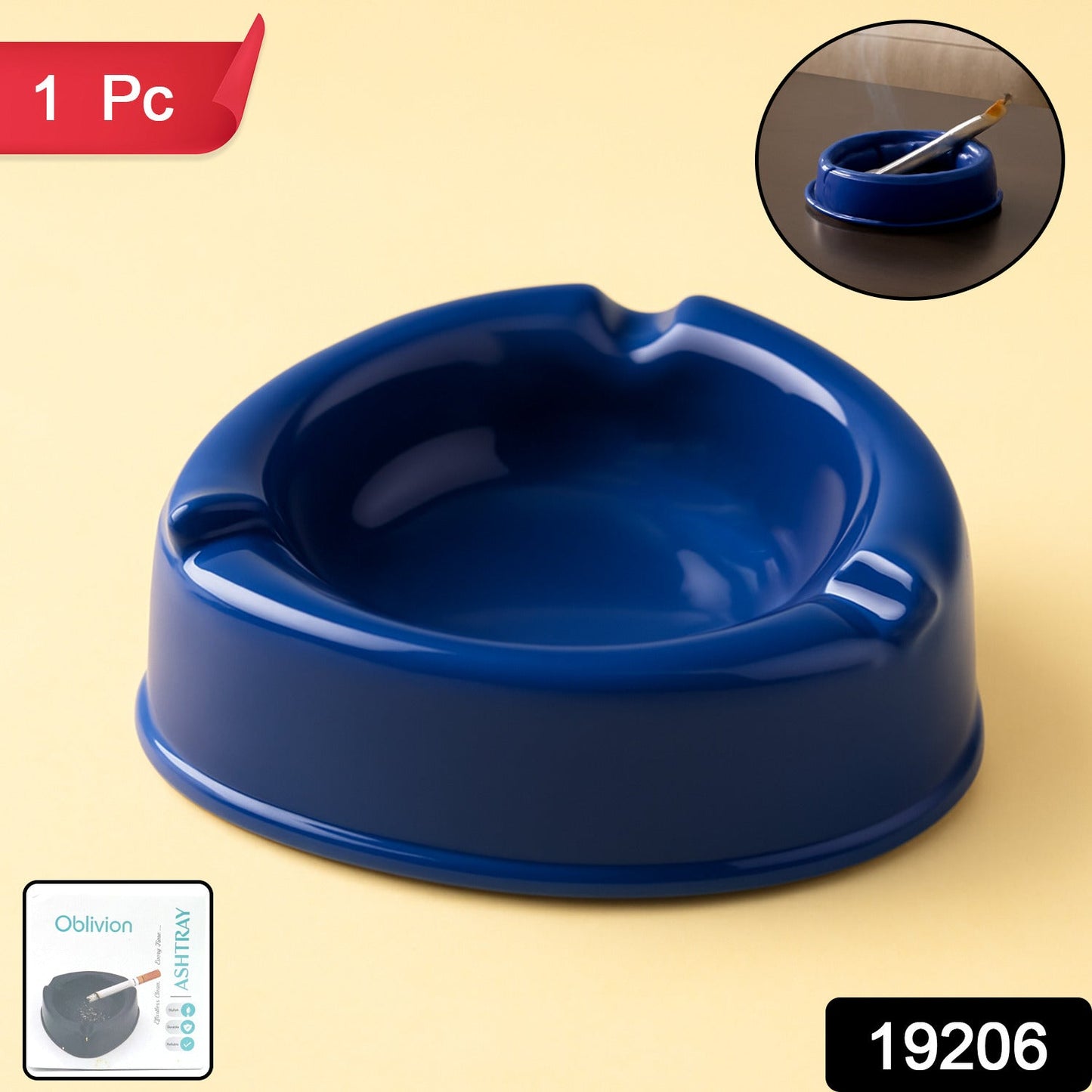 Heavy-duty dark blue plastic ashtray showing durable thickness