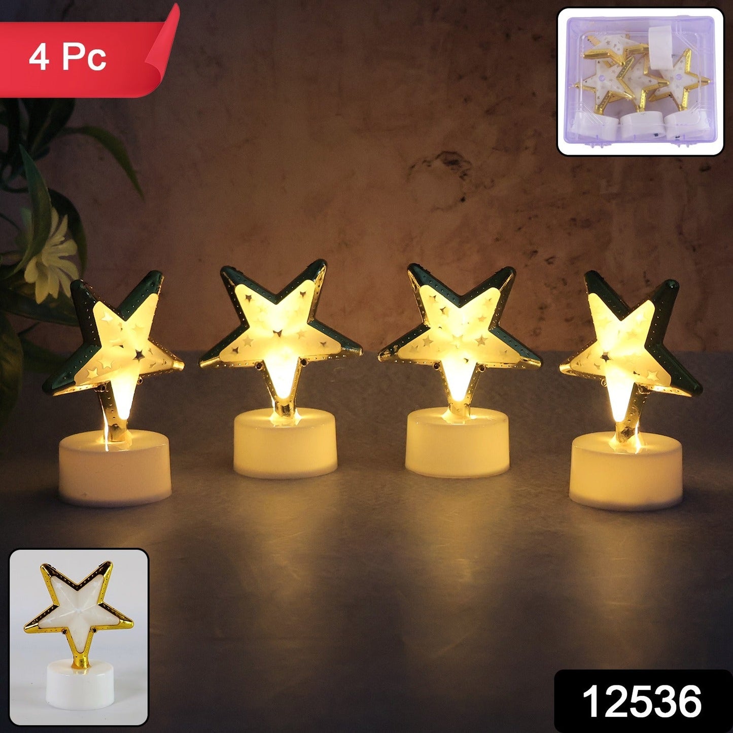 Close-up of a single Star Shaped Flameless LED Candle with a golden outline.
