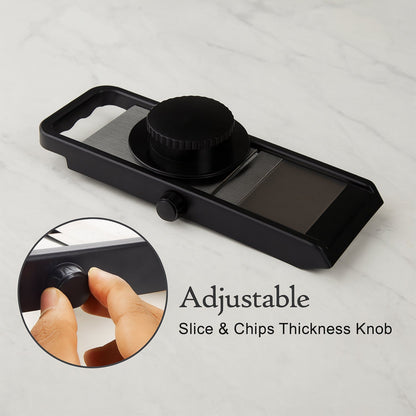 Compact kitchen slicer with stainless steel blade and adjustable knob