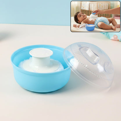Baby powder container with soft applicator puff for gentle use