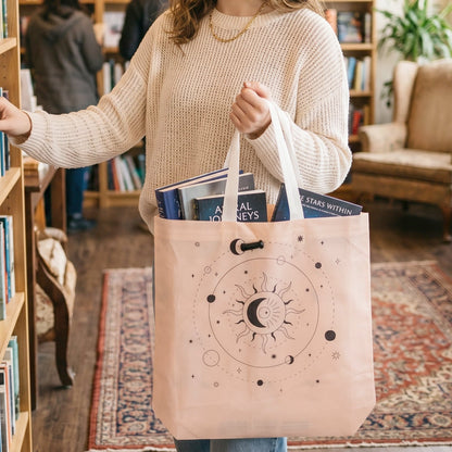 Close-up of reusable tote bag showing print and material