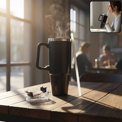 Black insulated travel coffee mug with handle and lid