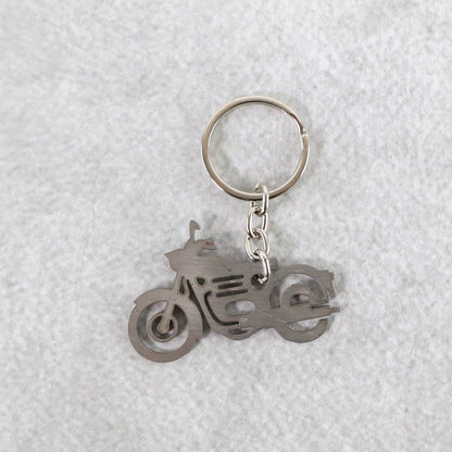 Motorcycle silhouette keychain featuring a reinforced link chain for extra durability.
