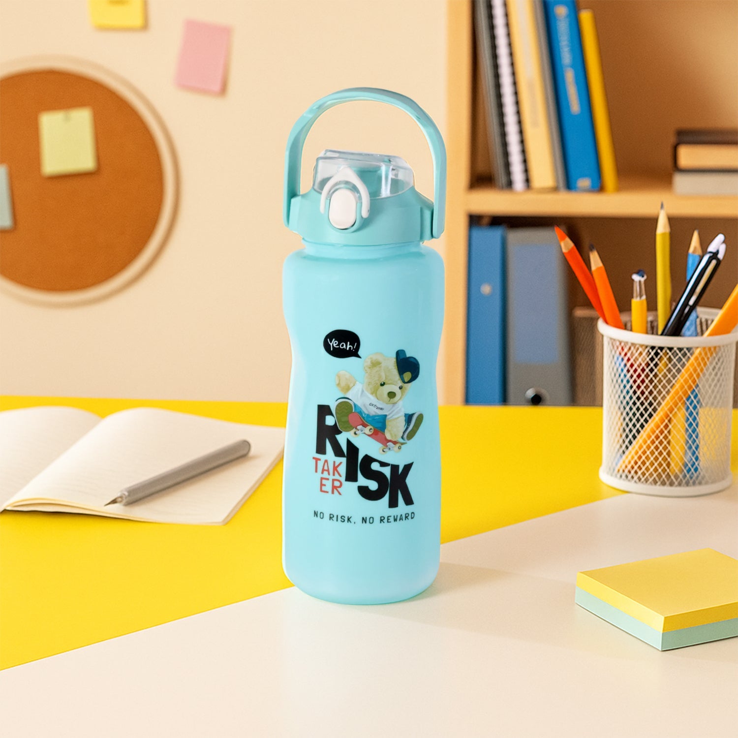 Risk Taker water bottle with flip-top lid designed for easy spill-proof drinking