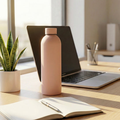 Reusable insulated stainless steel drinking bottle designed for hot and cold drinks