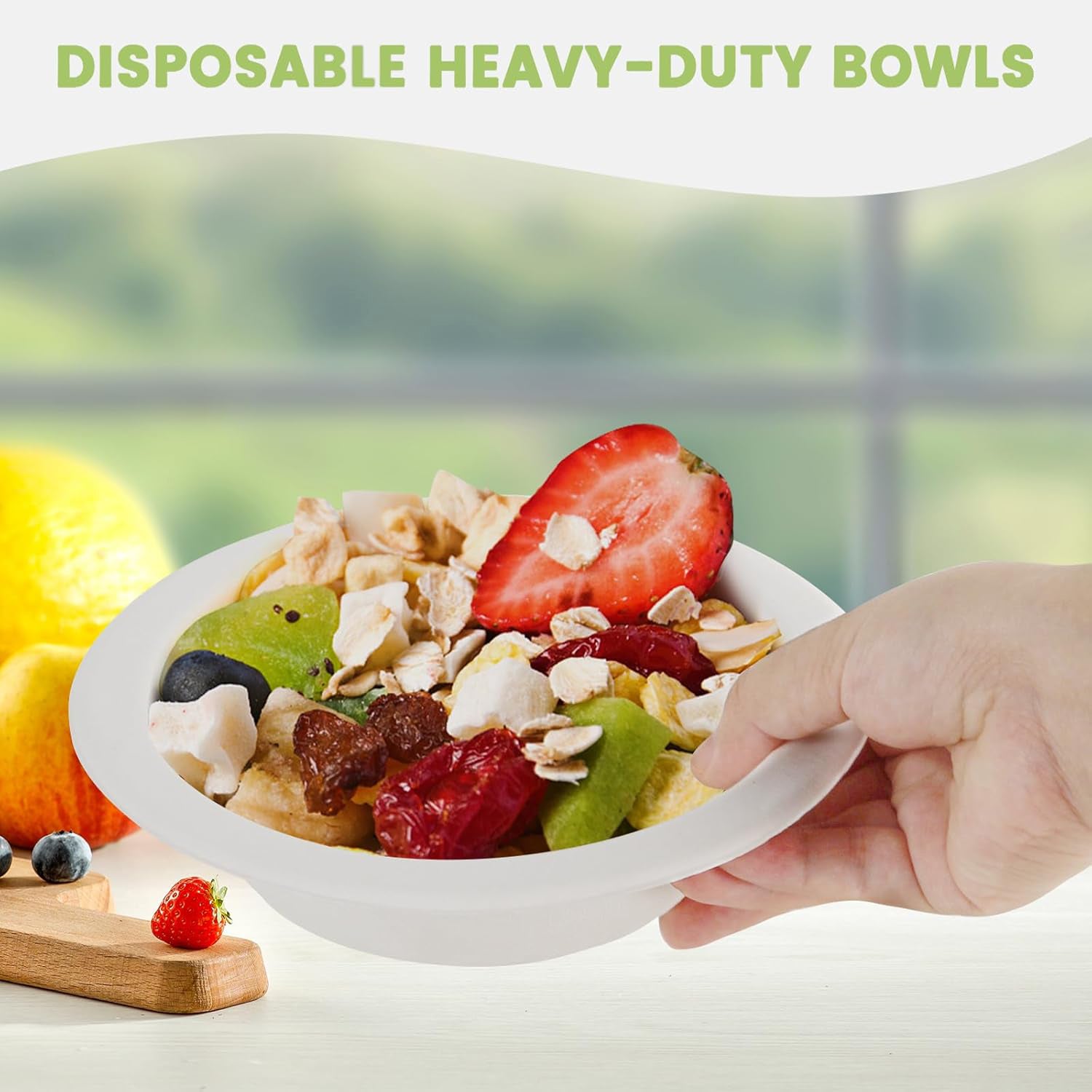 Disposable serving bowls filled with party snacks