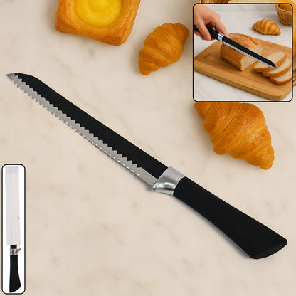 Premium serrated bread knife cutting fresh bread with ergonomic handle