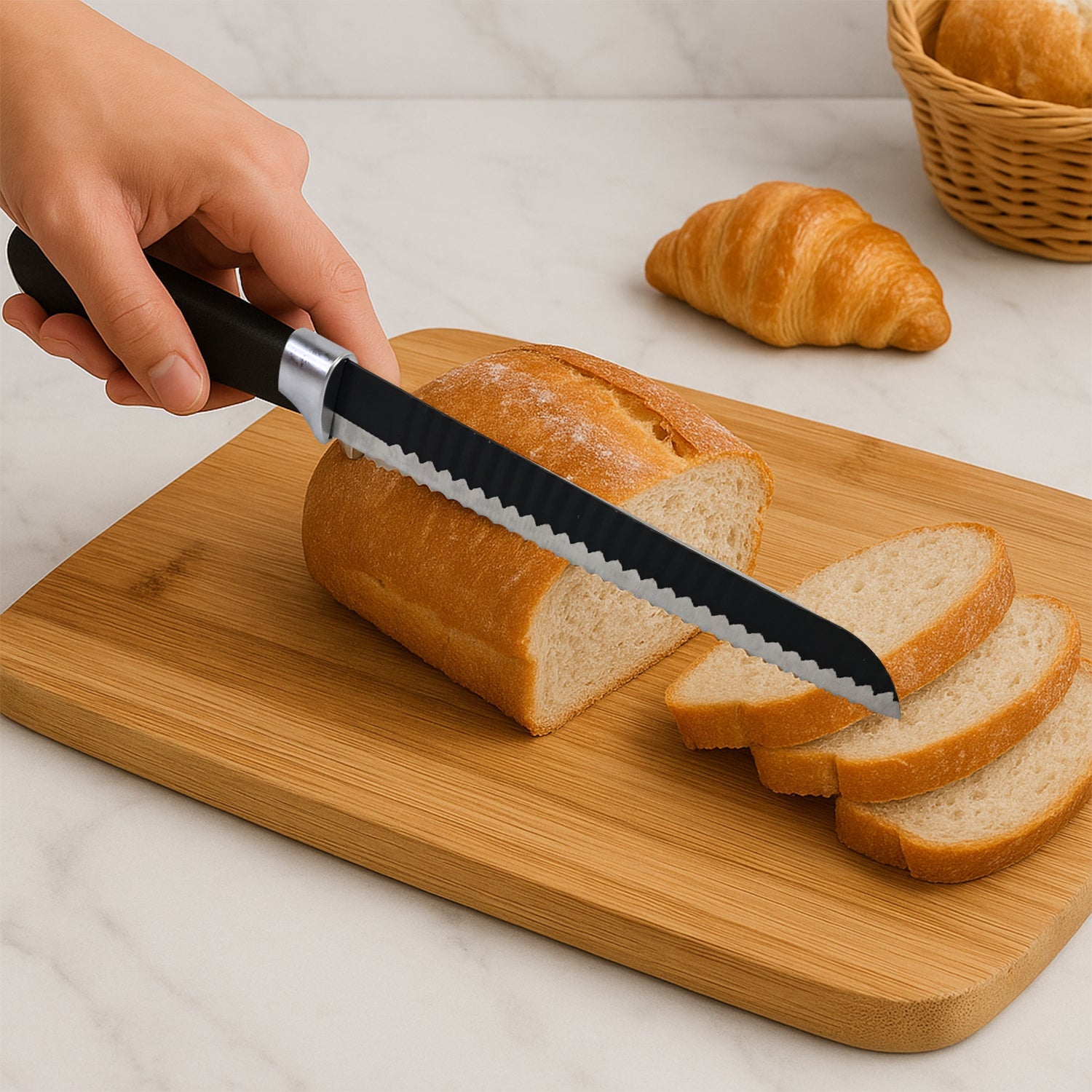 Close-up view of serrated bread knife blade and handle