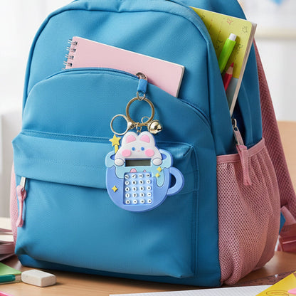 Bunny themed calculator keychain hanging with keys