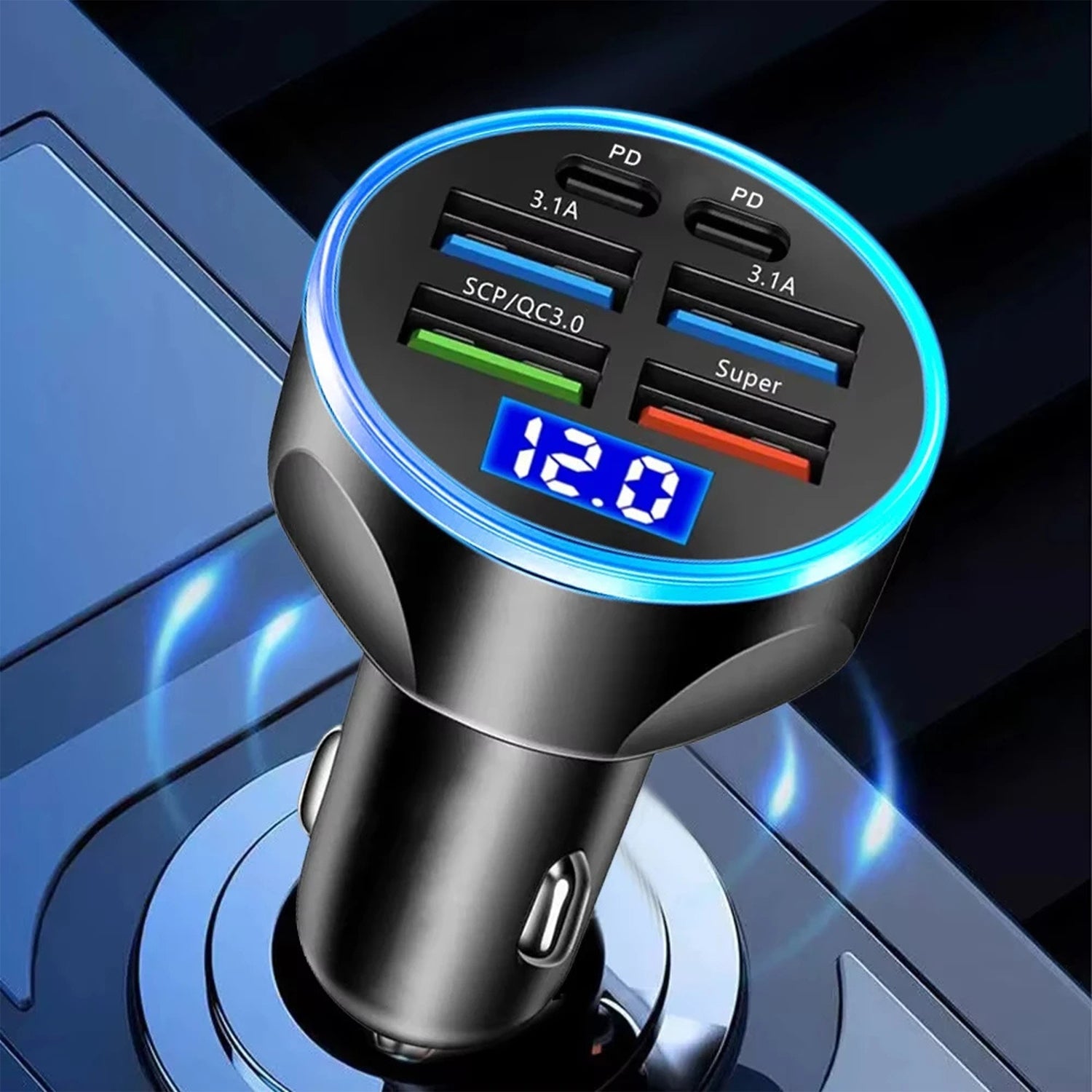 Alternative angle of  multi-port fast USB car charger for 12/24V vehicles