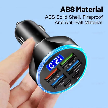 Multi-port car charger in use inside a vehicle socket charging smartphone and tablet