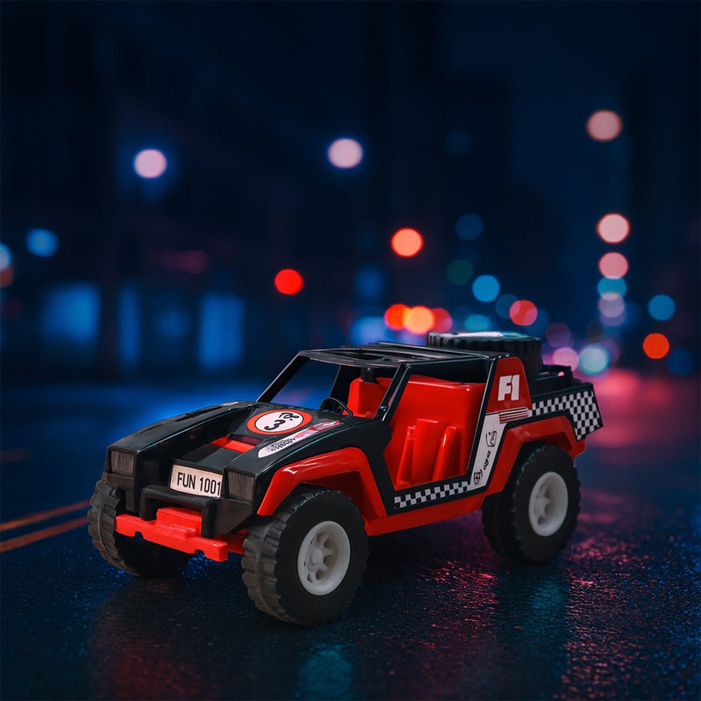 Close-up view of child-safe materials on Funwoods Free-Wheel Racing Jeep Toy Car