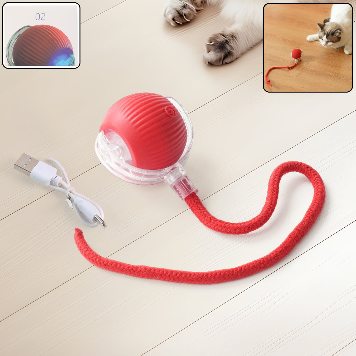 Rechargeable interactive cat toy ball with LED lights and detachable braided tail