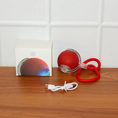 Interactive cat toy ball showing USB charging port and included cable