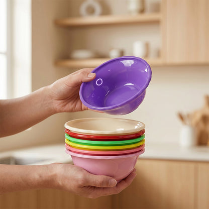 White background showcasing set of 6 colourful plastic bowls