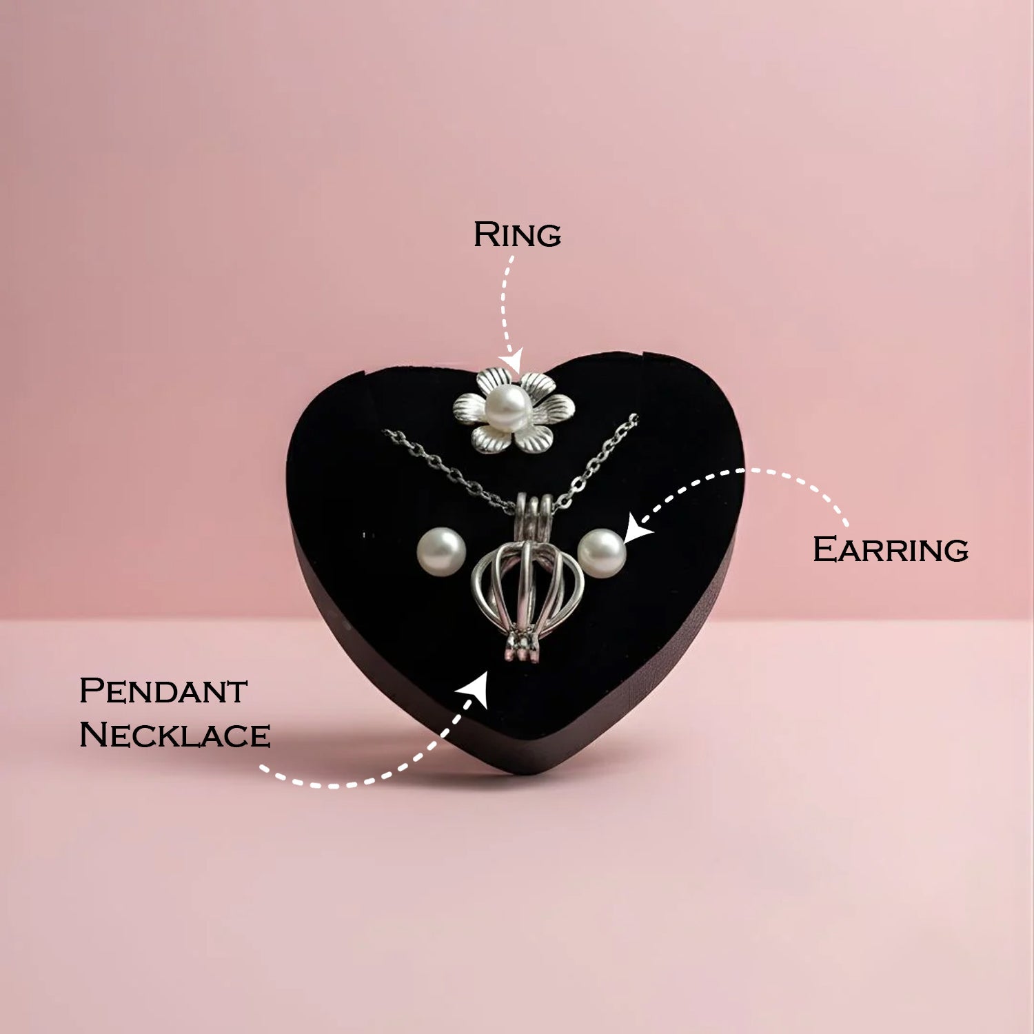 Close-up view of pearl necklace pendant in gift set
