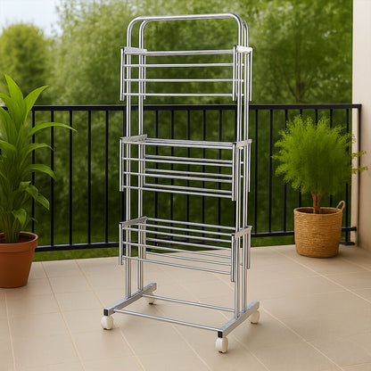 Heavy-duty stainless steel clothes drying rack with foldable design and caster wheels