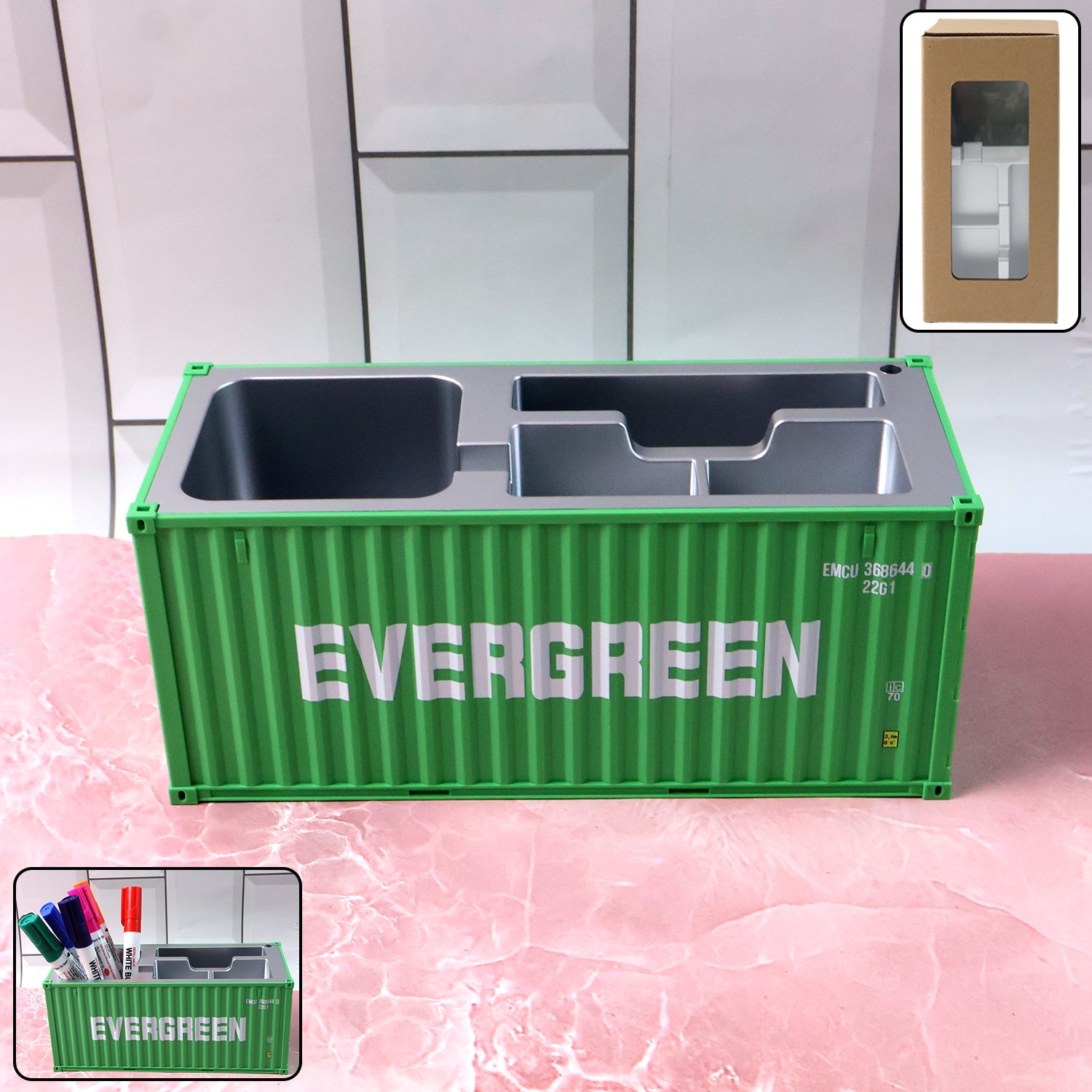 Container-style desk organizer holding pens and stationery on office desk.