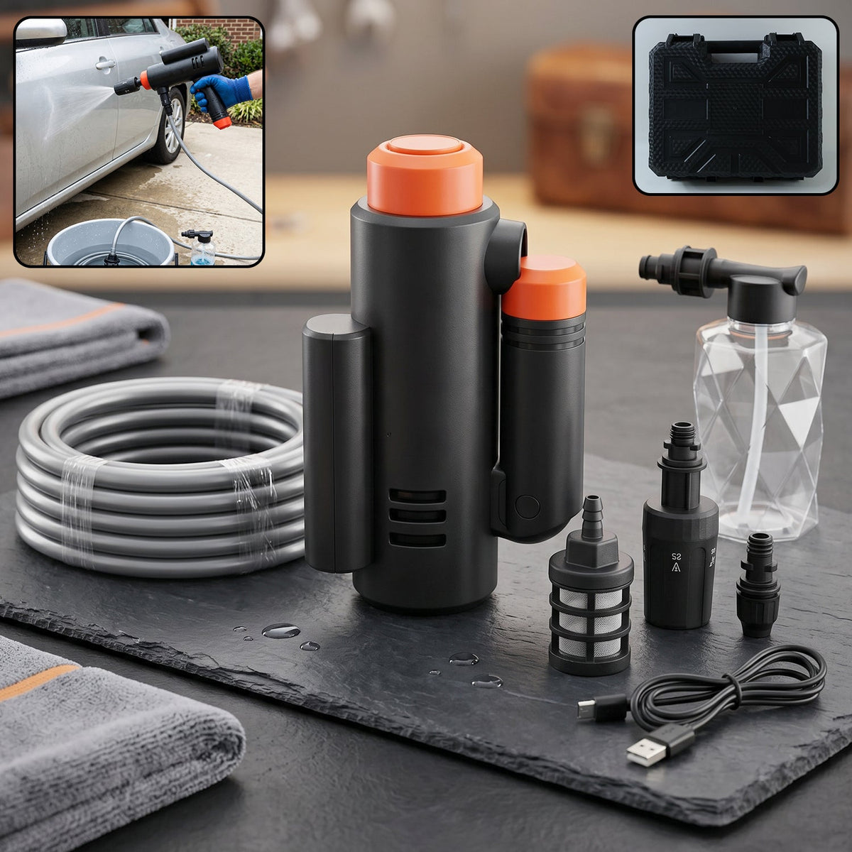 Sleek design of the high pressure cordless car washer gun.