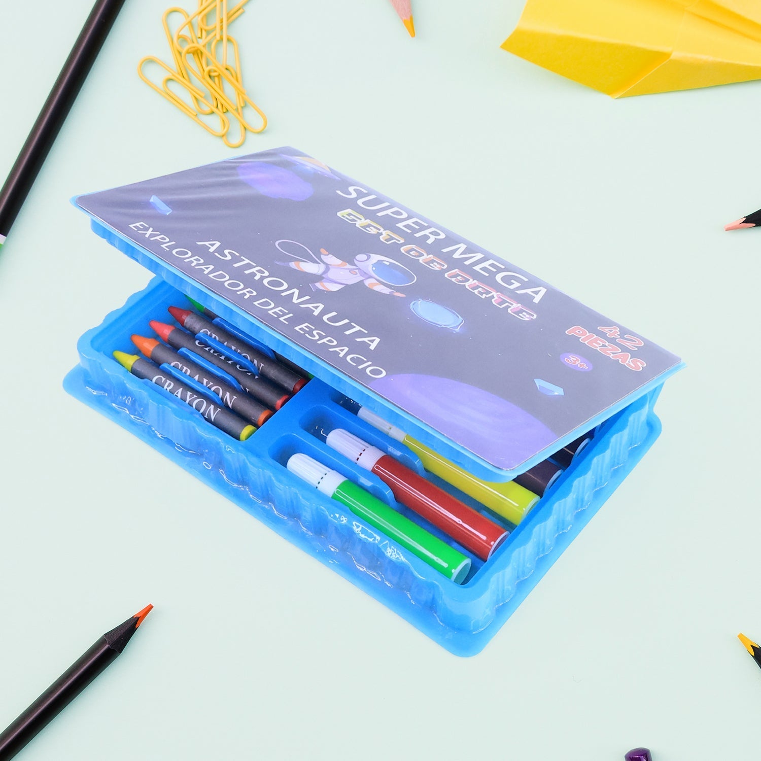 Children’s craft set with crayons, pastels, and paint supplies in durable plastic organizer