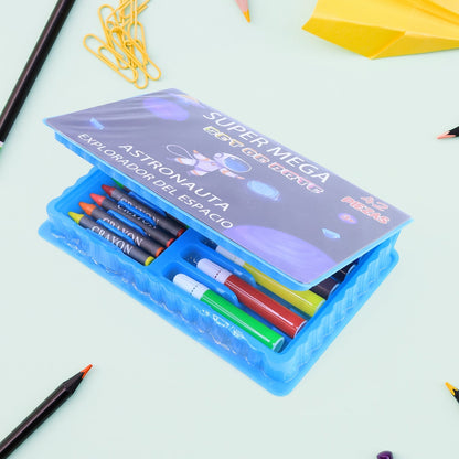 Children’s craft set with crayons, pastels, and paint supplies in durable plastic organizer