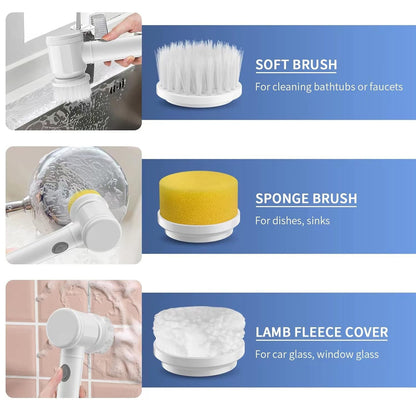 Electric spin scrubber featuring five replaceable brush heads for versatile cleaning