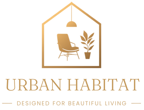 A minimalist gold logo for 'URBAN HABITAT' featuring a house outline with a chair, pendant light, and plant icon, above the text 'URBAN HABITAT' and 'DESIGNED FOR BEAUTIFUL LIVING' on a white background.